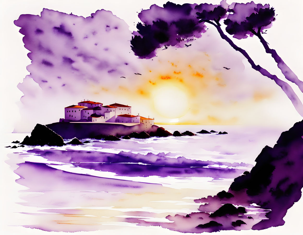 Purple Watercolor Landscape: Sunset over Coastal Town