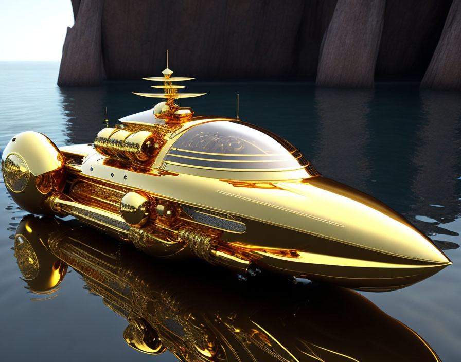 Golden futuristic submarine on calm waters near rocky cliffs