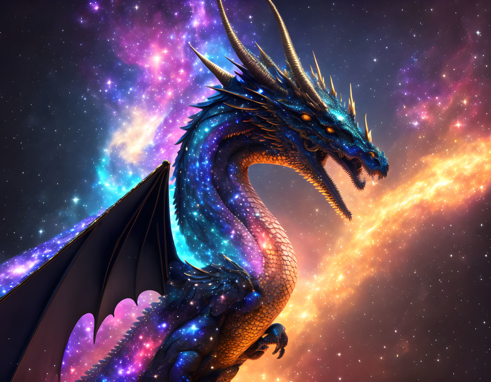 Majestic blue dragon with large wings in cosmic setting