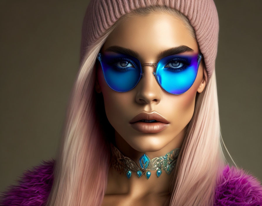 Digital Portrait: Woman in Blue Sunglasses, Pink Beanie, Long Pink Hair, Turquoise Necklace