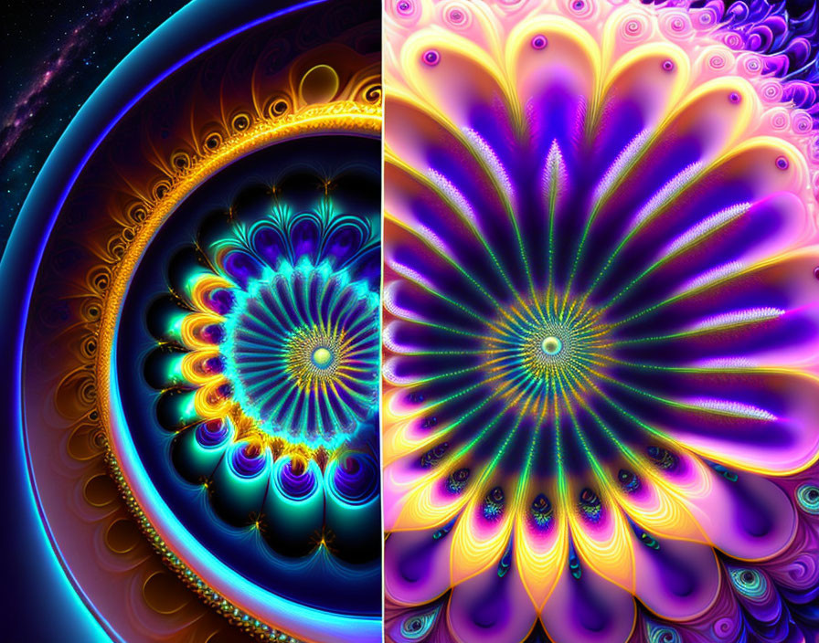 Colorful swirling fractal art with neon blues, yellows, and purples
