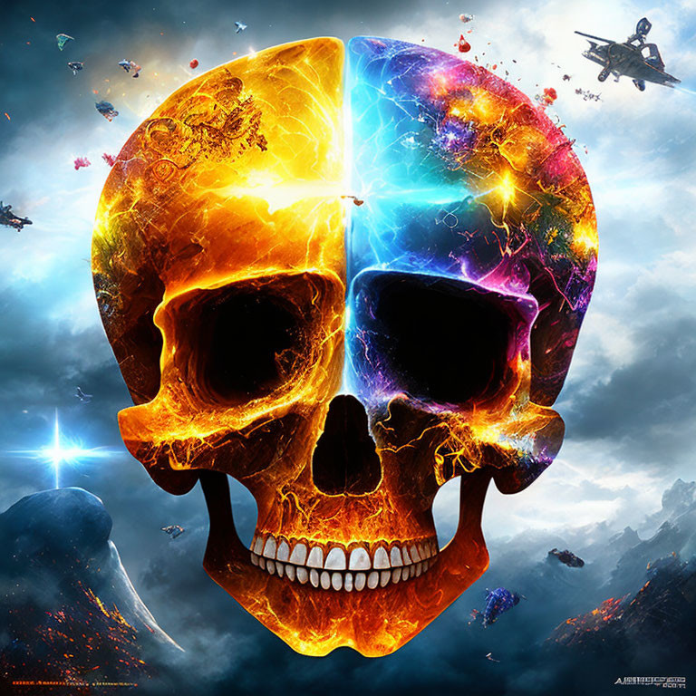 Skull split with lava and cosmic space textures in space battle scene