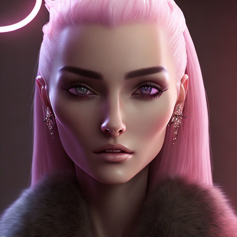 Illustration of female character with pink hair, violet eyes, fur, and earrings