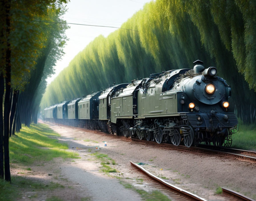 Vintage steam locomotive on lush green tree-lined track