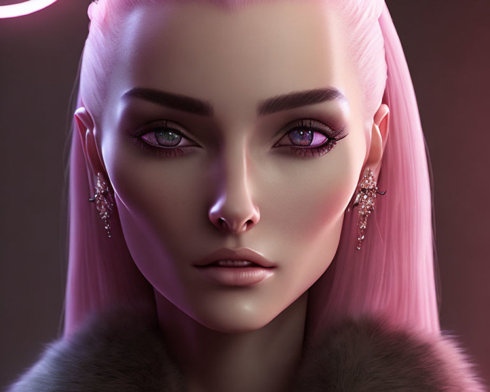 Illustration of female character with pink hair, violet eyes, fur, and earrings