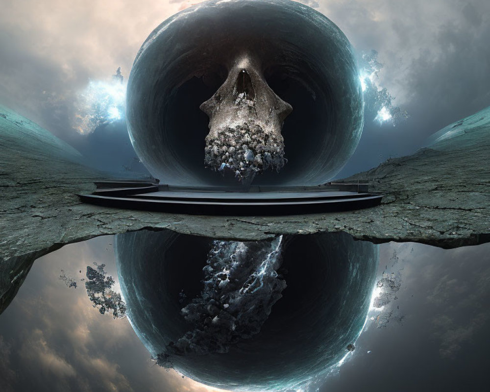 Surreal 360-Degree View: Metallic Sphere Reflecting Cloudy Sky & Rocky Landscape