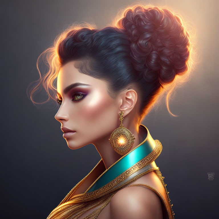 Elegant woman with updo and golden jewelry in digital portrait