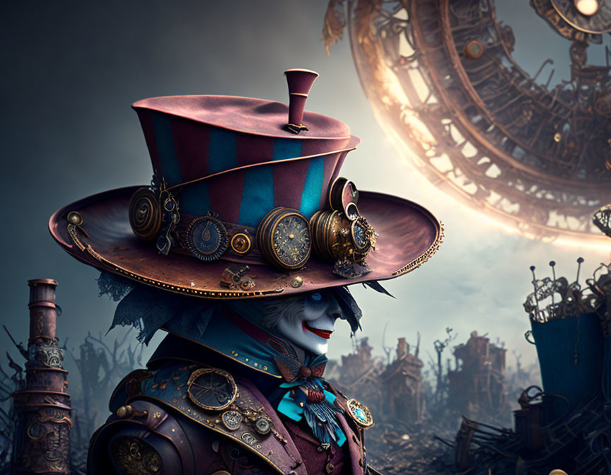 Steampunk character with clock-adorned top hat in industrial fantasy scene