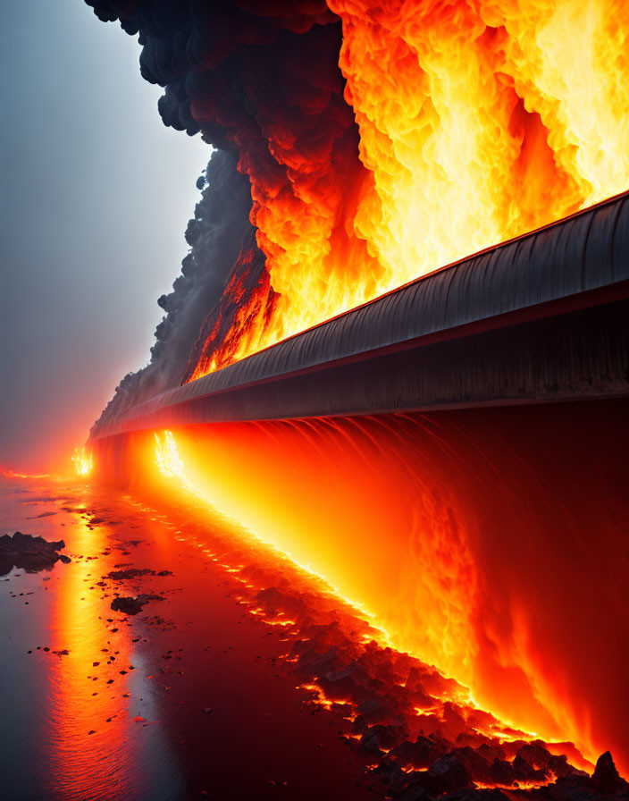 Volcanic eruption illuminates bridge with lava flow
