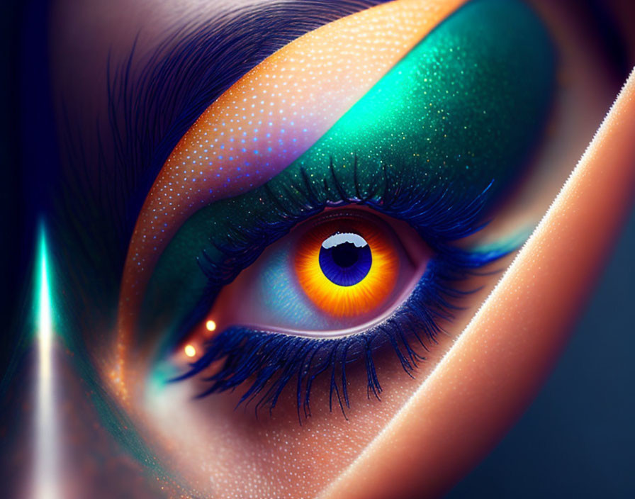 Detailed Close-up of Vibrant Eye Makeup with Orange, Green, and Blue Colors