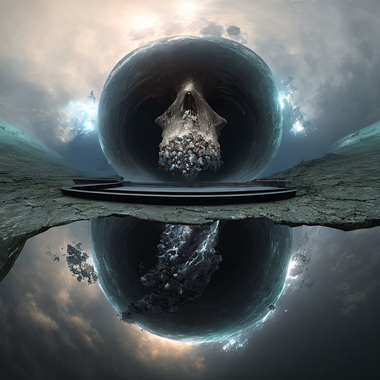 Surreal 360-Degree View: Metallic Sphere Reflecting Cloudy Sky & Rocky Landscape