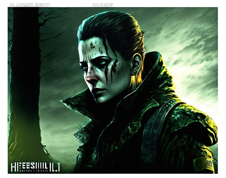 Digital artwork: Female character with blood smears, intense eyes, dark forest backdrop.