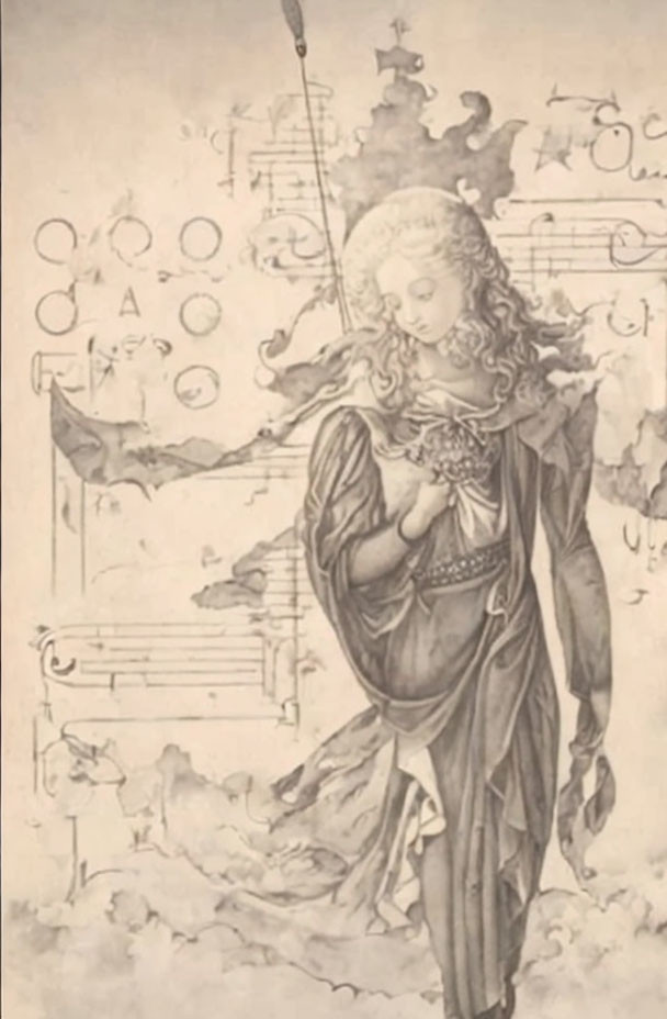 Angelic figure with wings holding bouquet surrounded by musical notes and geometric symbols on parchment-like background