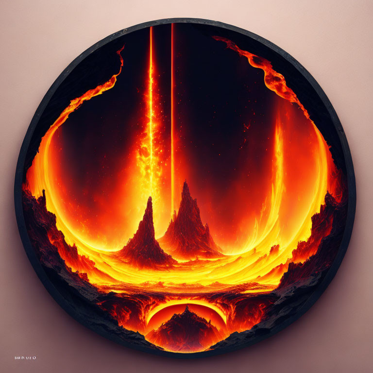 Circular Framed Digital Artwork: Dramatic Volcanic Landscape with Lava Flows