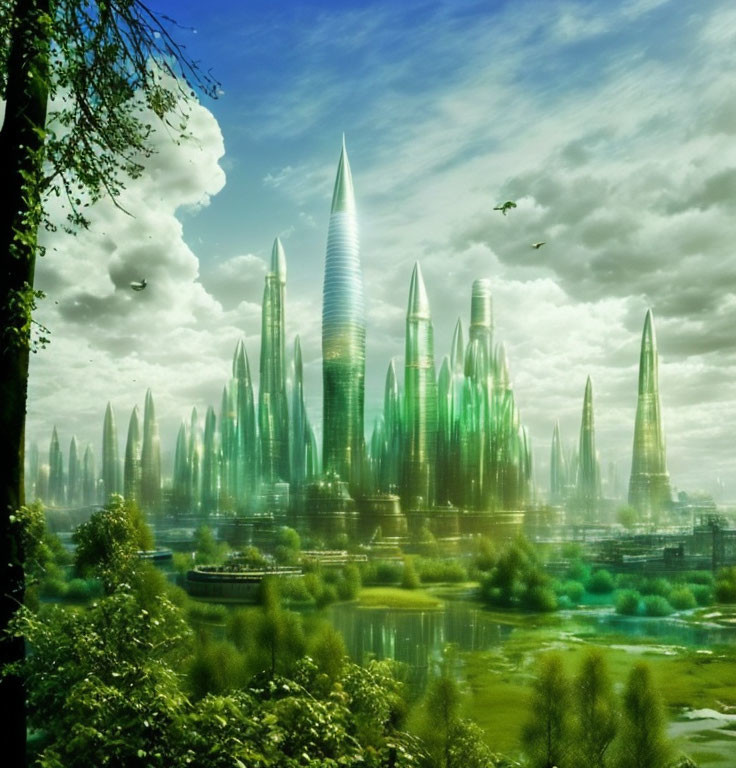 Futuristic cityscape with green towers, lush vegetation, and vibrant sky