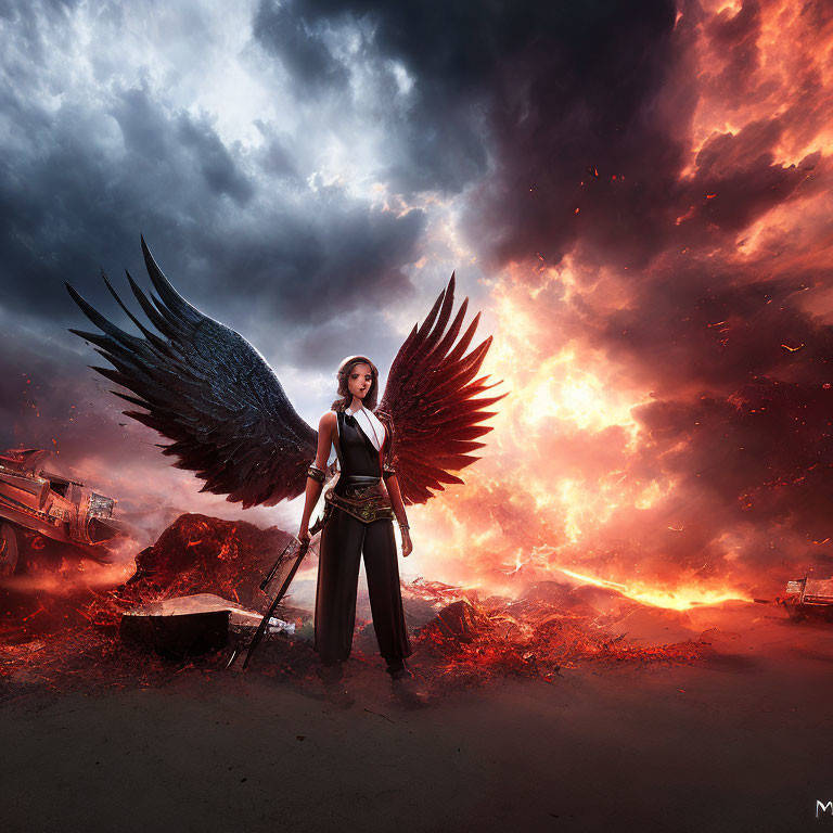 Person with Black Angel Wings Holding Sword in Apocalyptic Ruins