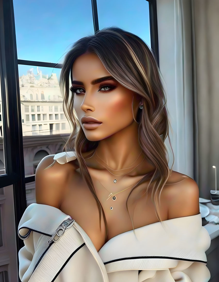 Woman with Makeup and Wavy Hair in Off-Shoulder Outfit, Cityscape Background