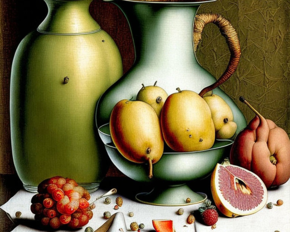 Green jug, white pitchers, fruits, and spices on table