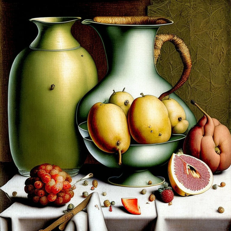 Green jug, white pitchers, fruits, and spices on table