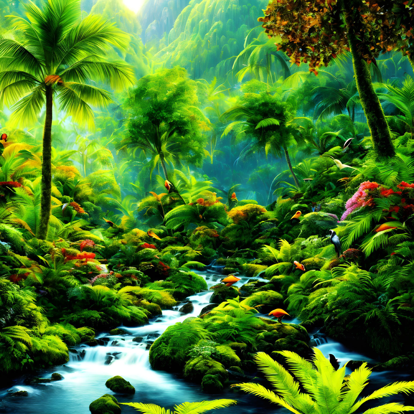 Lush Tropical Rainforest with Stream and Colorful Birds