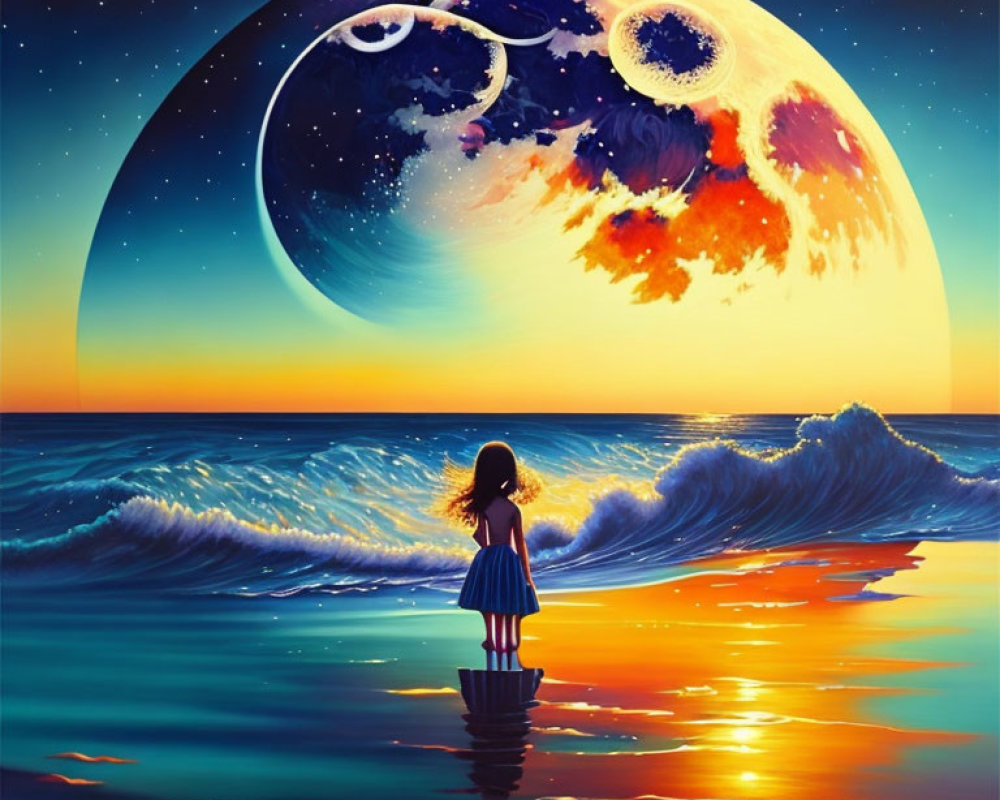 Girl on Boat Gazing at Large Moon over Vivid Sunset Seascape