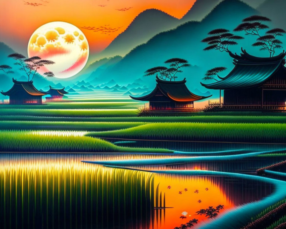 Digital painting of Asian terraced fields under moon: vibrant colors and serene landscape