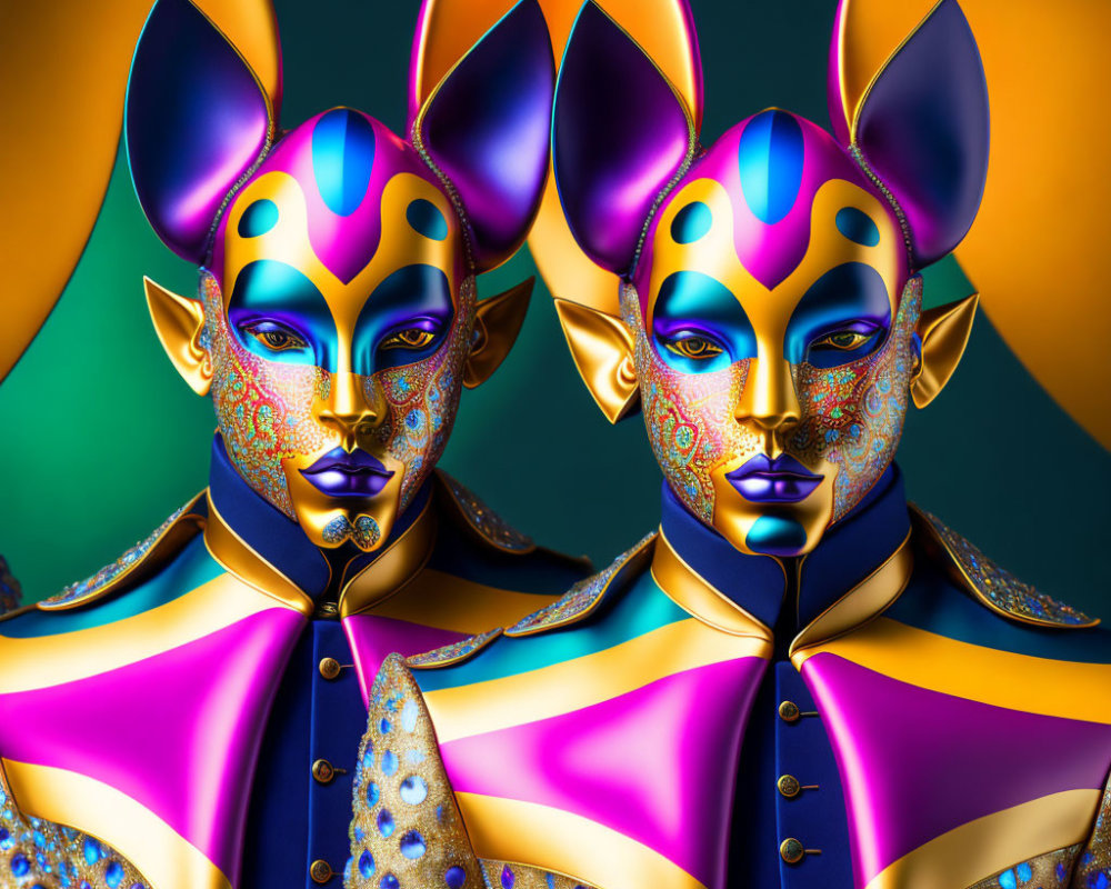 Futuristic individuals in colorful makeup and metallic costumes on teal background