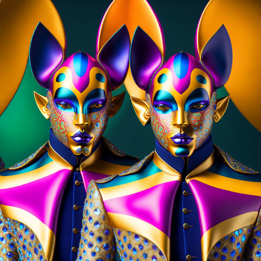 Futuristic individuals in colorful makeup and metallic costumes on teal background