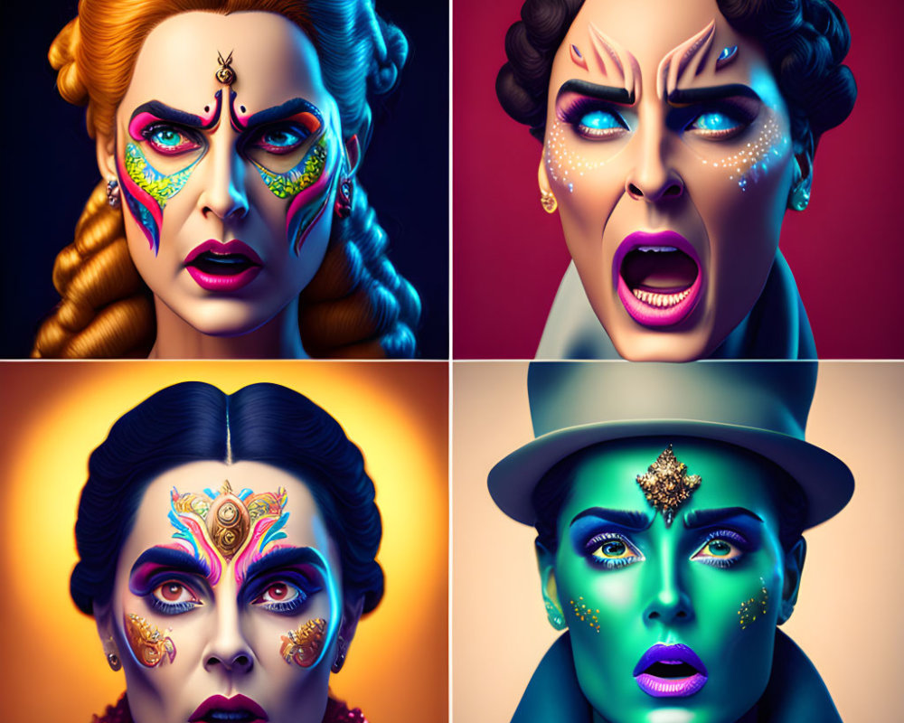 Four portraits of a woman with vibrant, artistic makeup and various expressions on a dark background