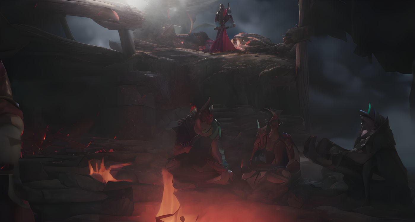 Cloaked Figure Overlooks Armored Individuals by Campfire