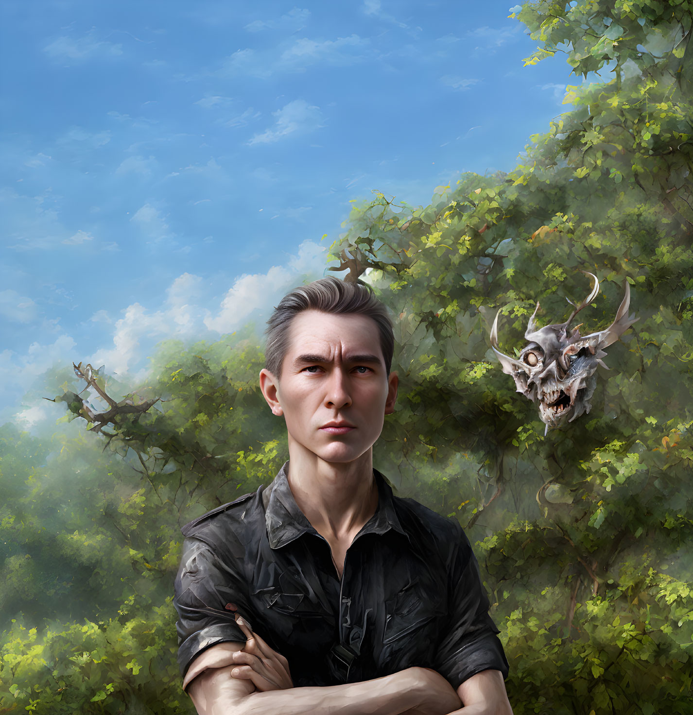 Grey-Haired Man in Black Shirt Contemplating Skull in Forest Setting