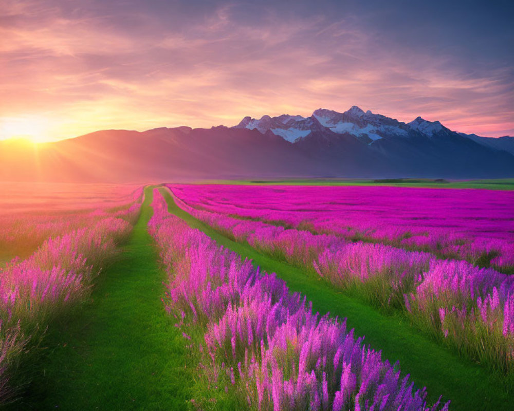 Vibrant purple lavender field at sunset with distant mountains under colorful sky