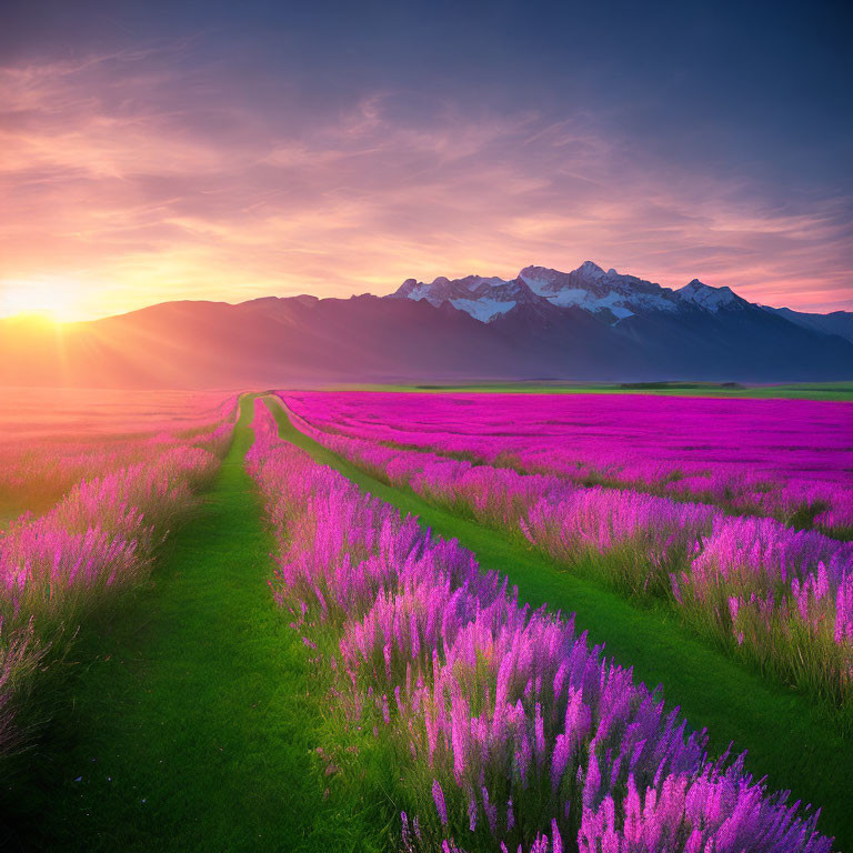 Vibrant purple lavender field at sunset with distant mountains under colorful sky