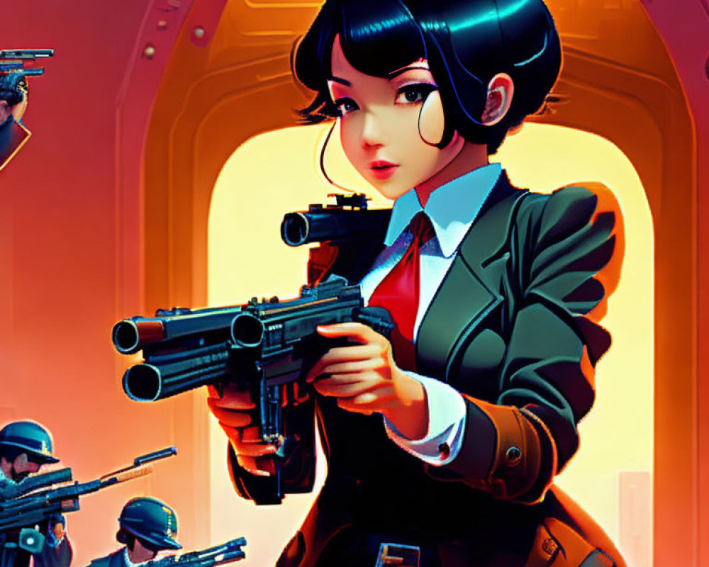 Animated female character with bobbed hair holding a gun in a doorway with armed figures.