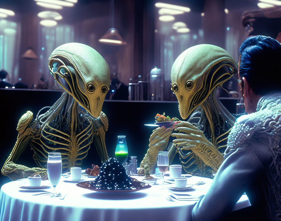 Elongated-headed extraterrestrials dine with humanoid at restaurant