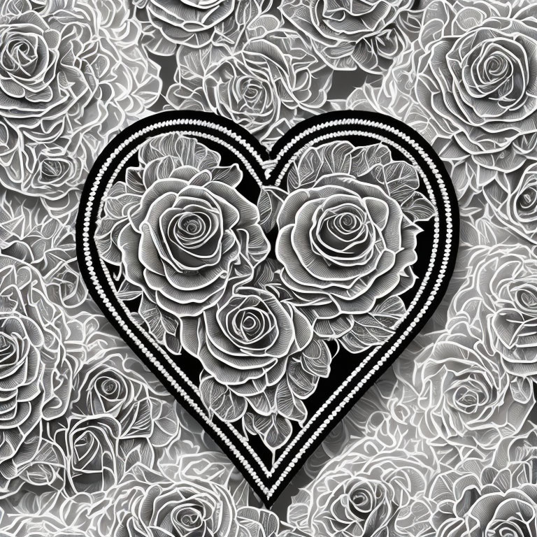 Monochromatic heart-shaped outline filled with detailed roses on floral background