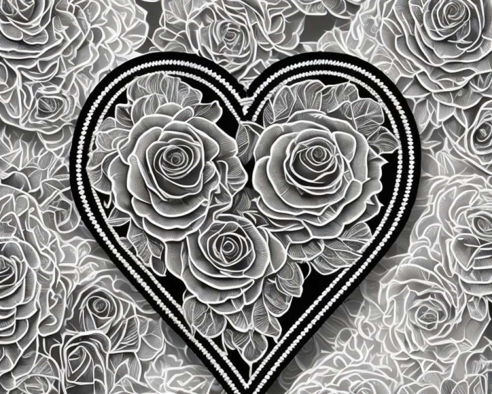 Monochromatic heart-shaped outline filled with detailed roses on floral background