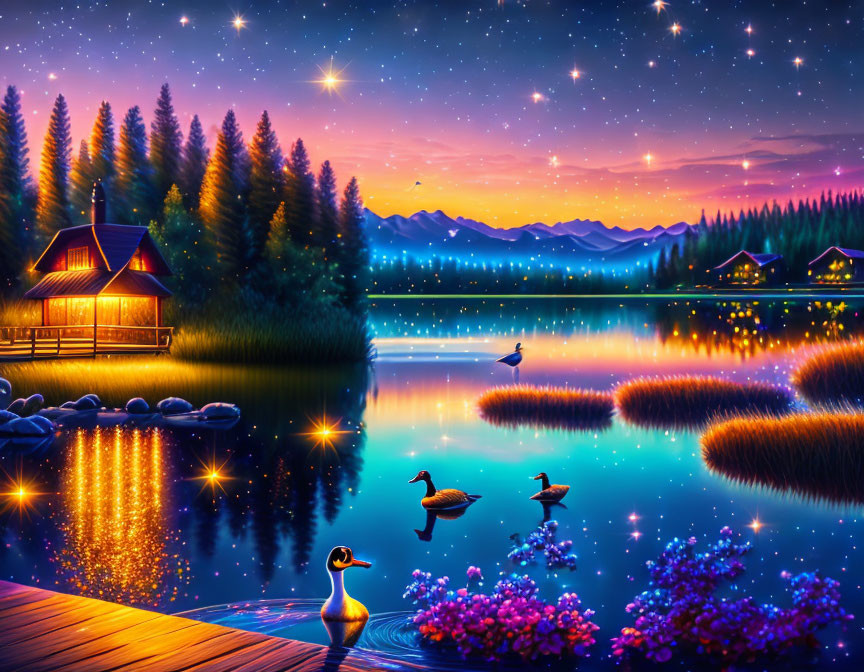 Twilight scene with wooden cabin, serene lake, ducks, flowers, mountains, starry sky