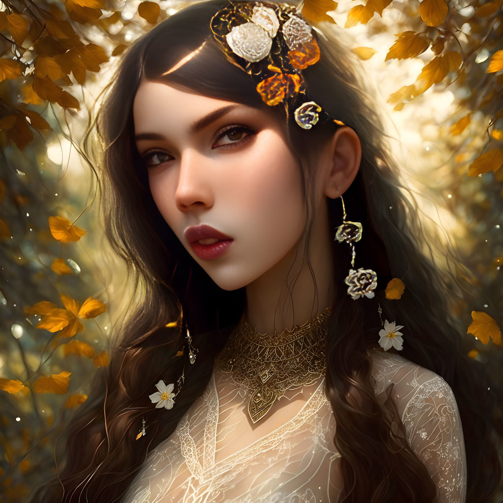 Portrait of Woman with Dark Hair and Golden Accessories Among Autumn Leaves