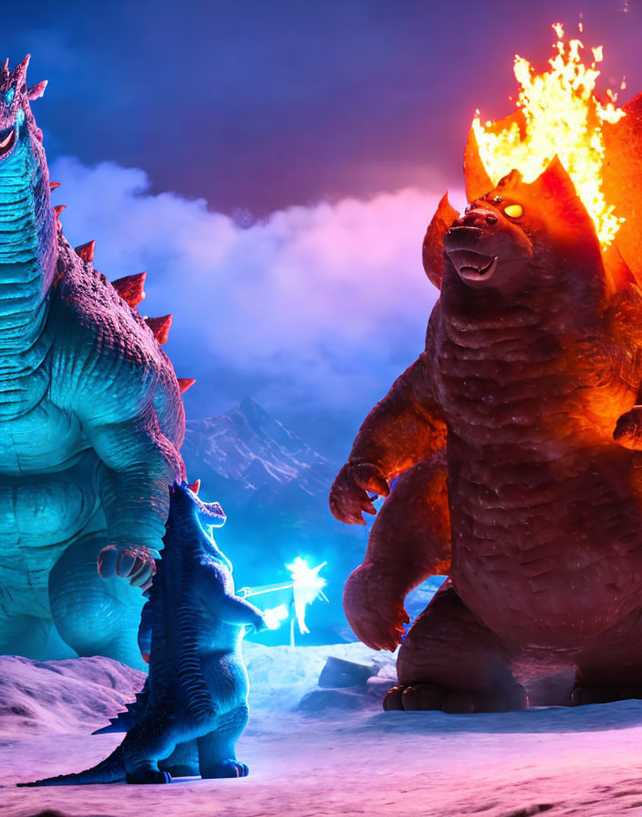 Illustration of two giant animated monsters: a blue spiked reptile and a fiery spiked brown bear