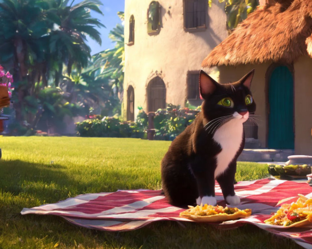 Black and White Cat with Green Eyes on Picnic Blanket Near Stucco House
