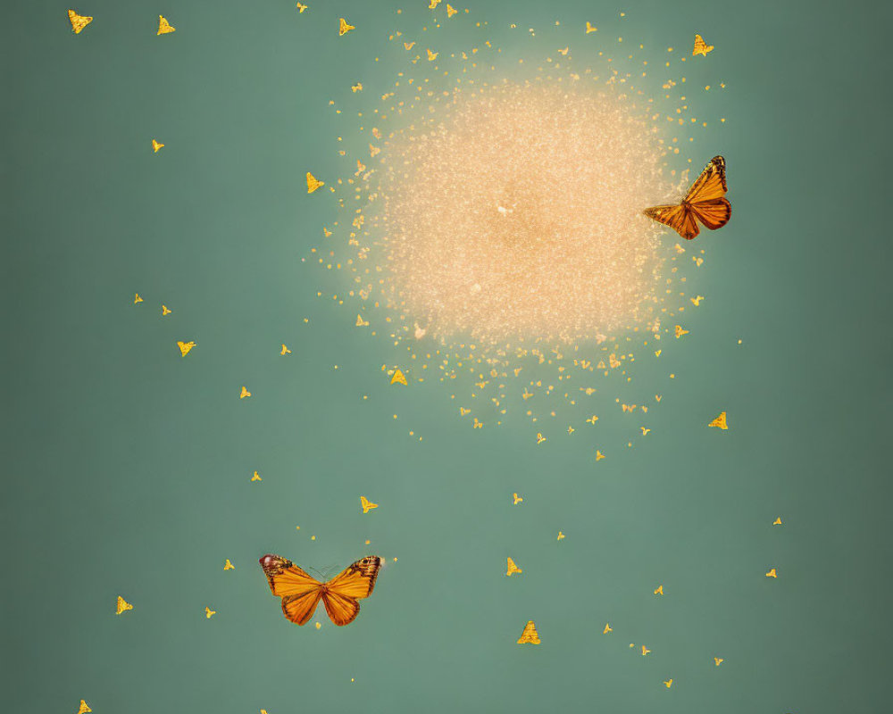 Glowing particle cluster on teal background with butterflies and bright specks