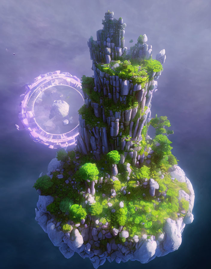 Mystical floating island with lush green foliage and ancient ruins.