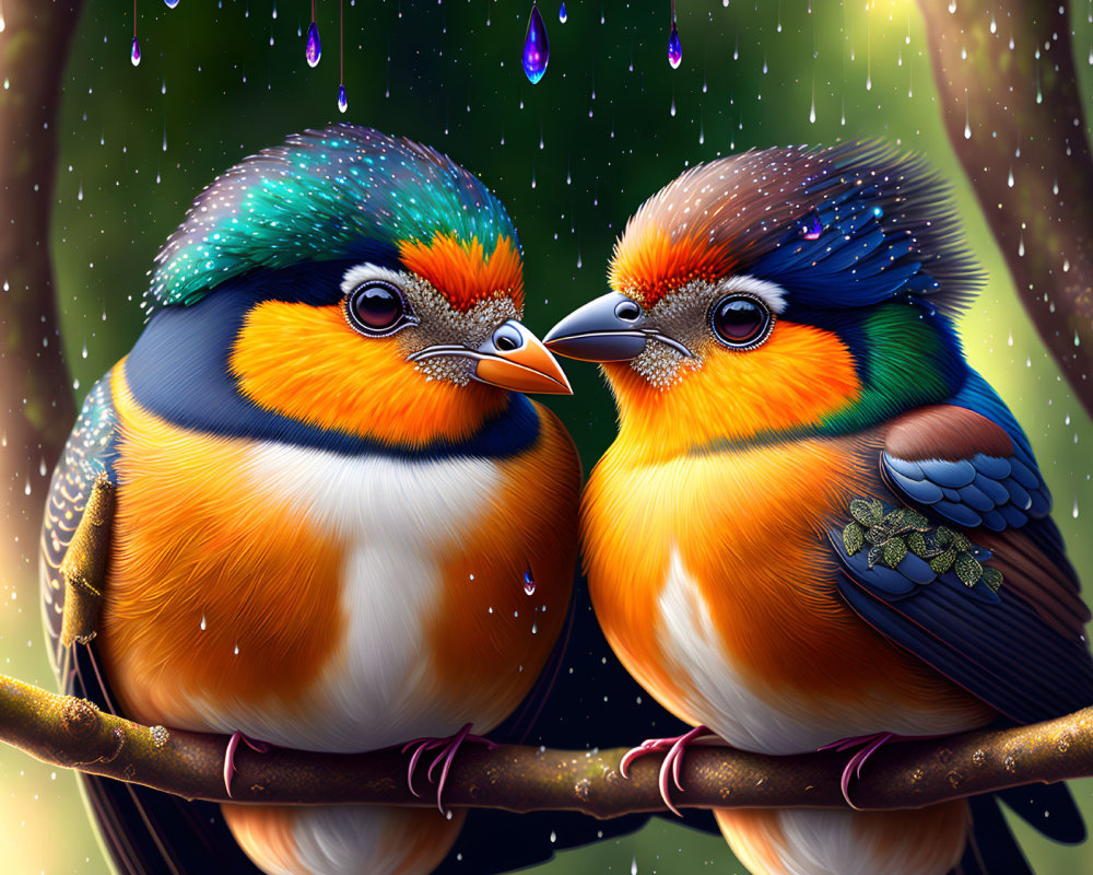 Colorful Illustrated Birds Perched on Branch with Raindrops