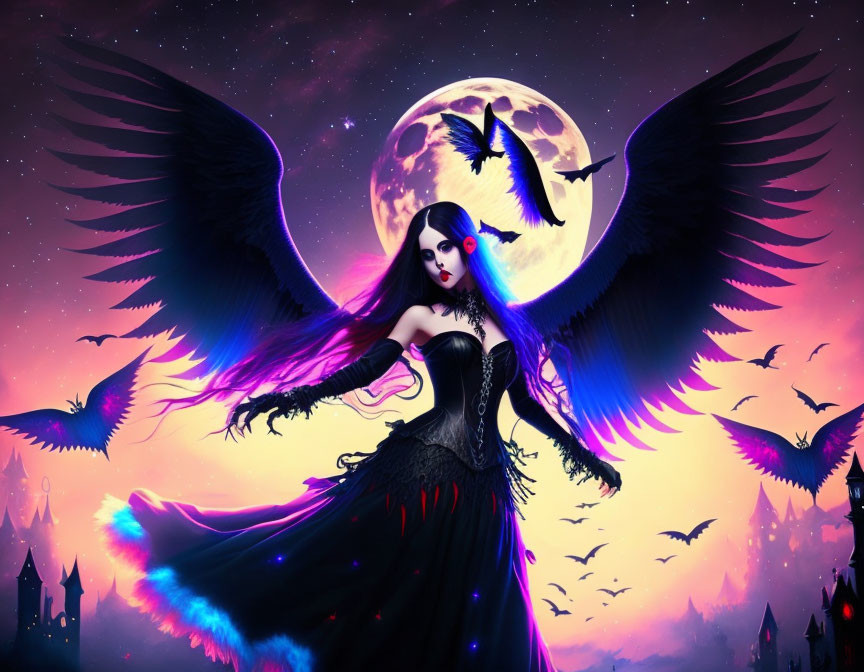 Gothic fantasy scene: winged woman, full moon, flying ravens, purple sky