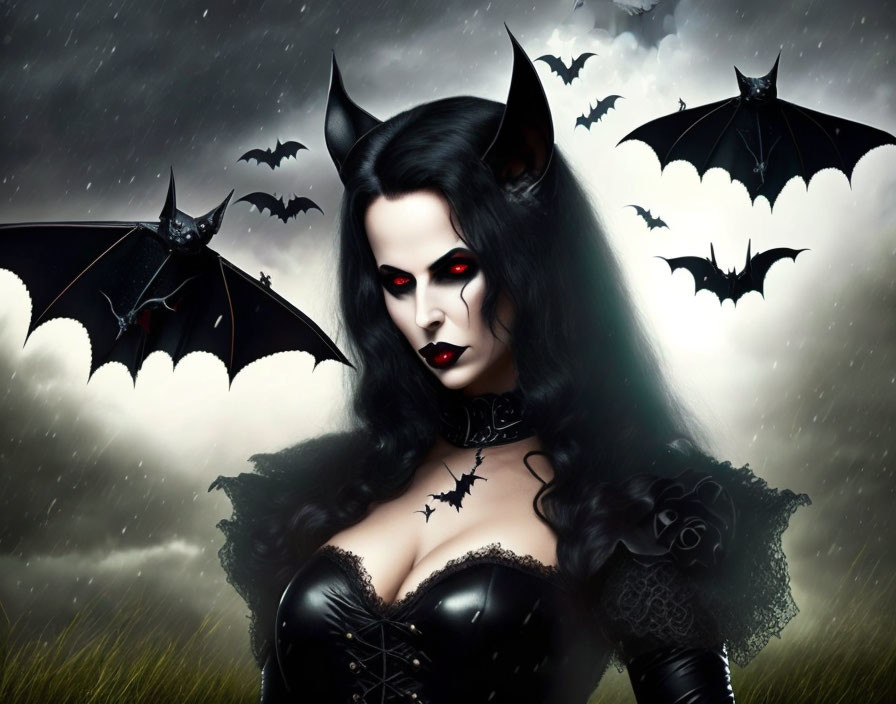 Dark-haired woman with red eyes and vampire fangs in gothic attire with bat wings, set against