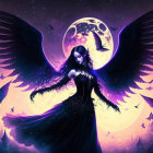 Gothic fantasy scene: winged woman, full moon, flying ravens, purple sky