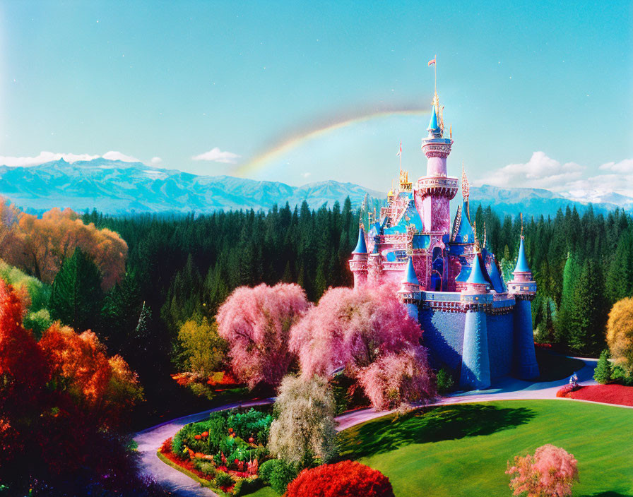 Colorful fairytale castle in lush garden with rainbow, blue skies, and mountains