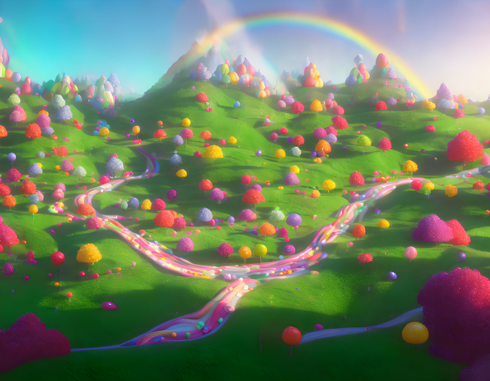 Colorful Fantasy Landscape with Rainbow Trees and Winding Paths