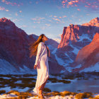 Girl in white dress gazes at moonlit sky in mystical landscape.